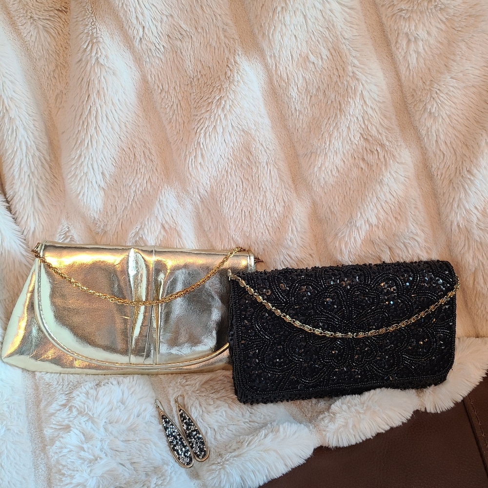 2 La Regale Vintage Gold Metallic & Black Sequins Women's Clutch Purses
